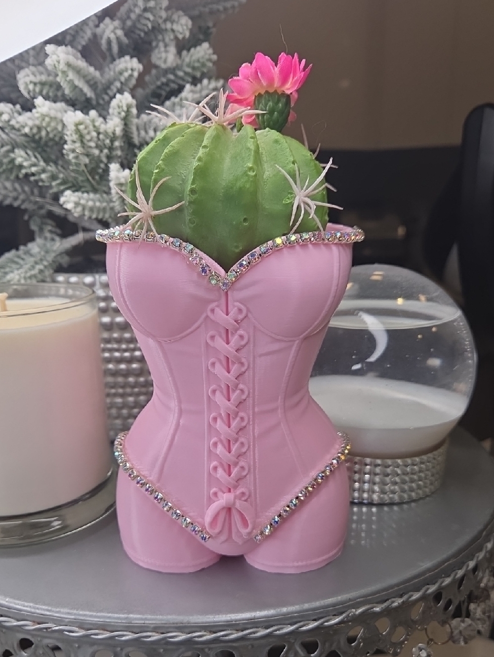 Pink Corset Planter with Rhinestone Trim - Picture 2 of 4
